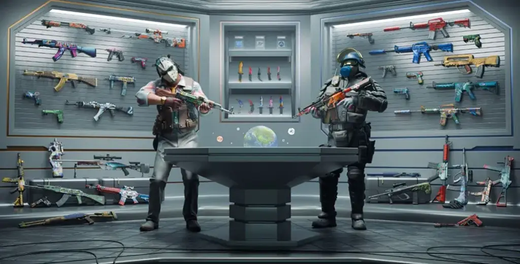 Twee gewapende figuren staan in een futuristische ruimte. Aan de muren hangen kleurrijke, versierde wapens. Op een tafel in het midden staat een gloeiende wereldbol