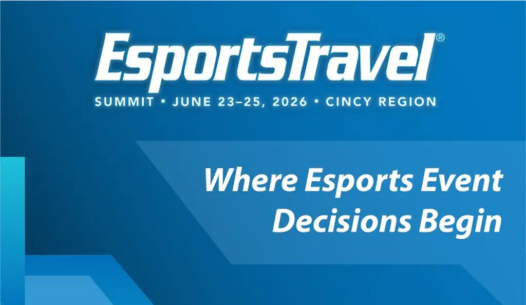 Affiche voor de EsportsTravel Summit, 23–25 juni 2026, in de regio Cincinnati. Afbeelding van een gamingevenement met felle lichten, grote schermen en een menigte
