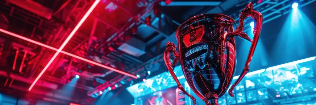 Een grote trofee die prominent op de voorgrond van een esports-arena staat, verlicht door felrode en blauwe lampen, wat een opwindende sfeer creëert